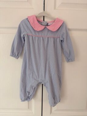 Karina Romper Blue & Pink Striped Baby One-Piece with Pink Peter Pan Collar